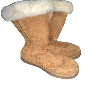 Women's Tan Suede Boots with Faux Fur Lining
